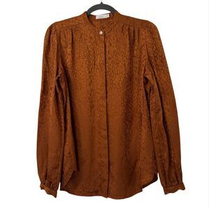 A.L.C Owens‎ Silk Jacquard Top Womens 2 Rust Brown Leopard Print Business Casual